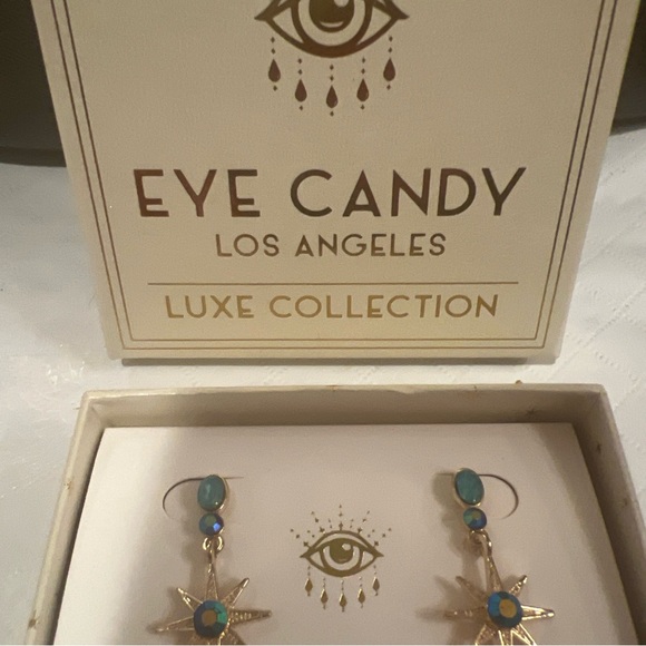 Eye Candy Gold Star and Moon Earrings with Blue Crystals - Picture 4 of 4